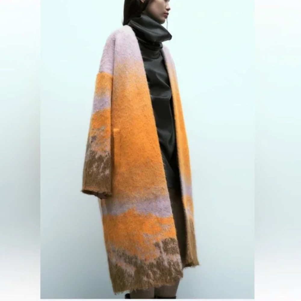 Zara Alpaca Wool blend Colorful Knit Wrap Coat, Long Cardigan, Lilac & Orange, M - Picture 3 of 16